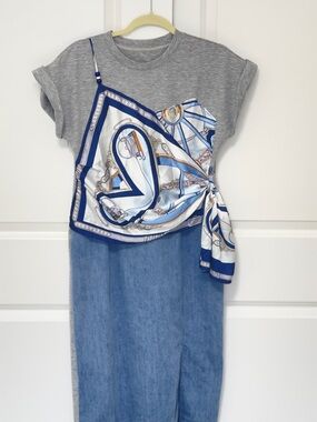 Casual One-Shoulder Grey & Blue Mixed-Media Dress